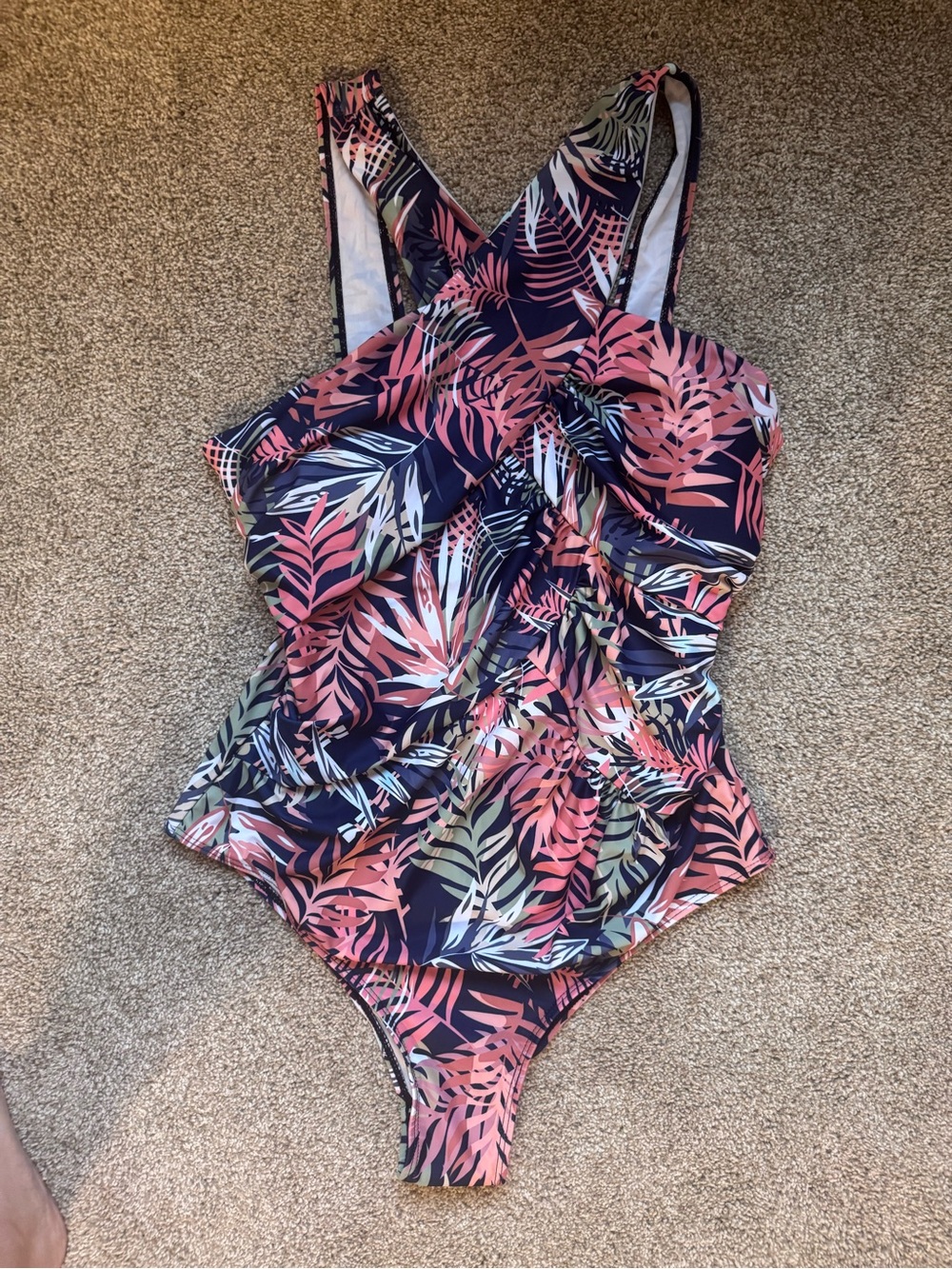 Tropical Leaf One-Piece Swimsuit - Navy & Coral